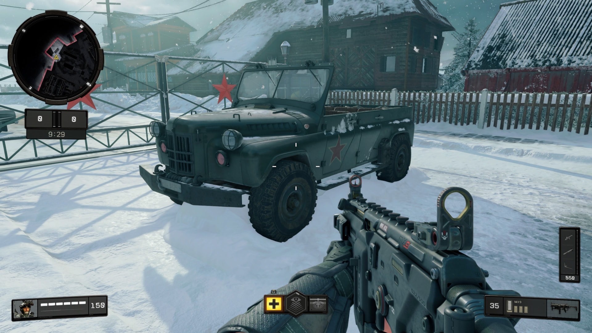 A jeep at the red-star gate on Nuketown