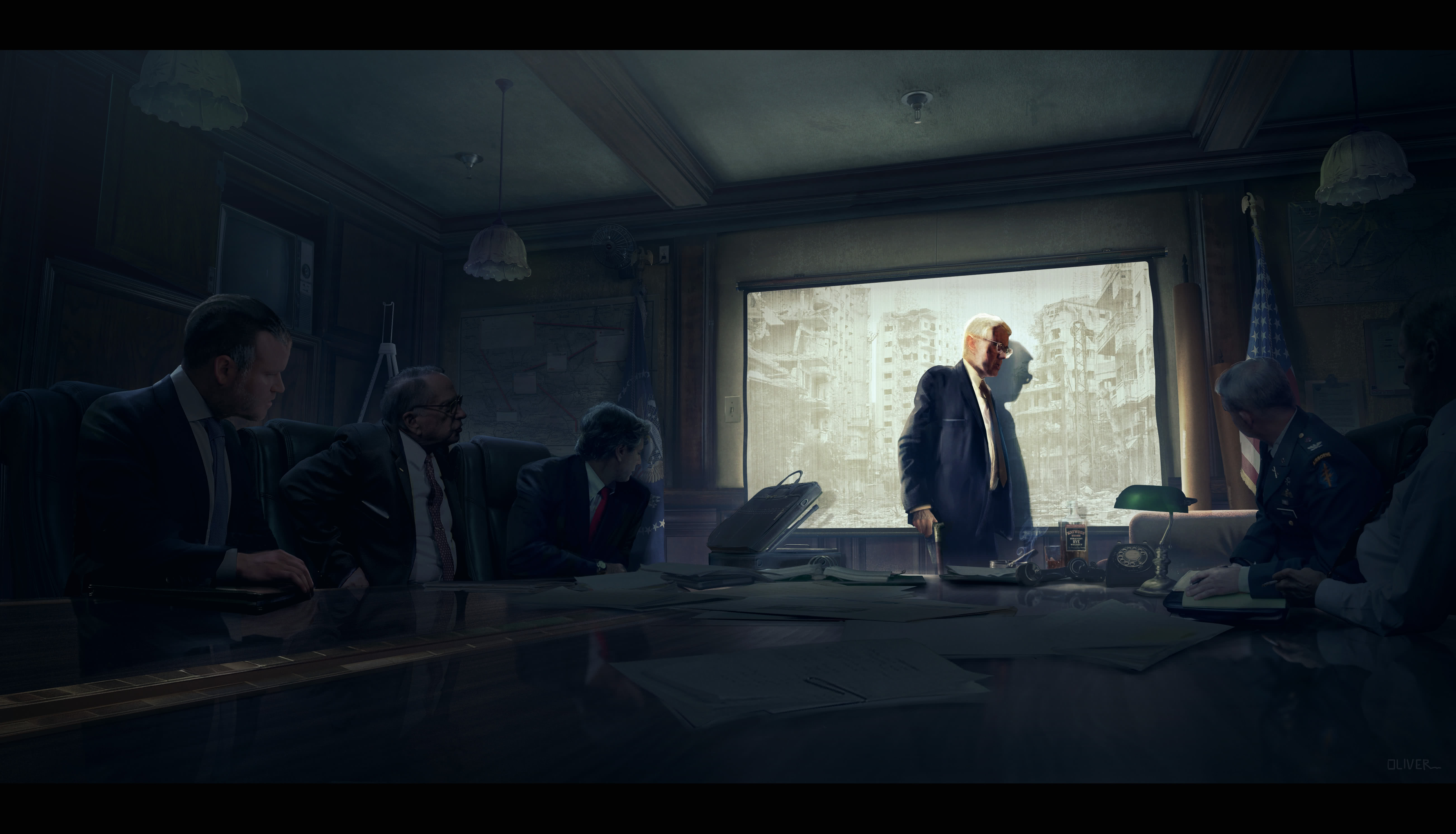 A US President standing in front of a projection screen in a war room