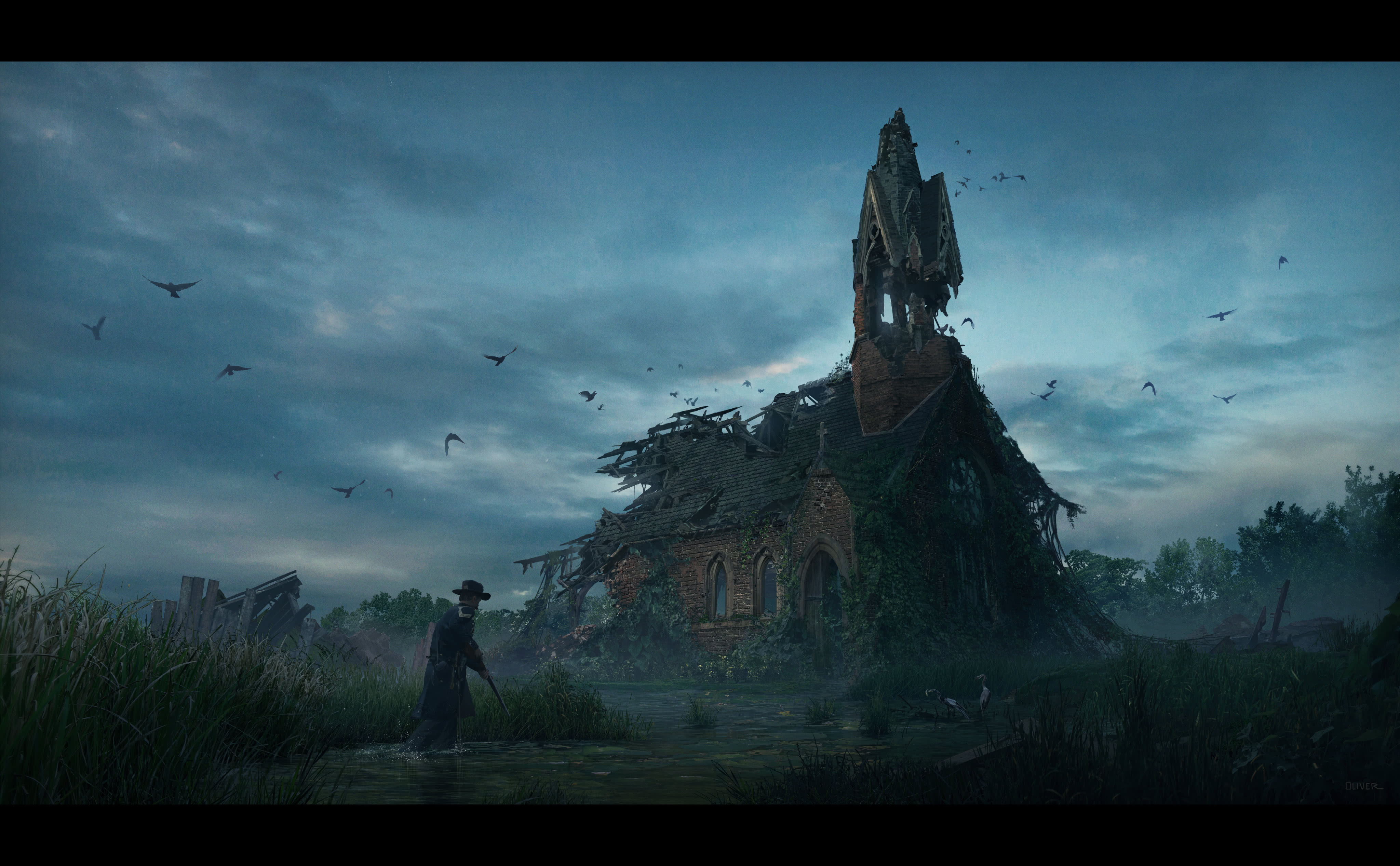 Man in cowboy hat with rifle approaching derelict church in swamp with birds circling