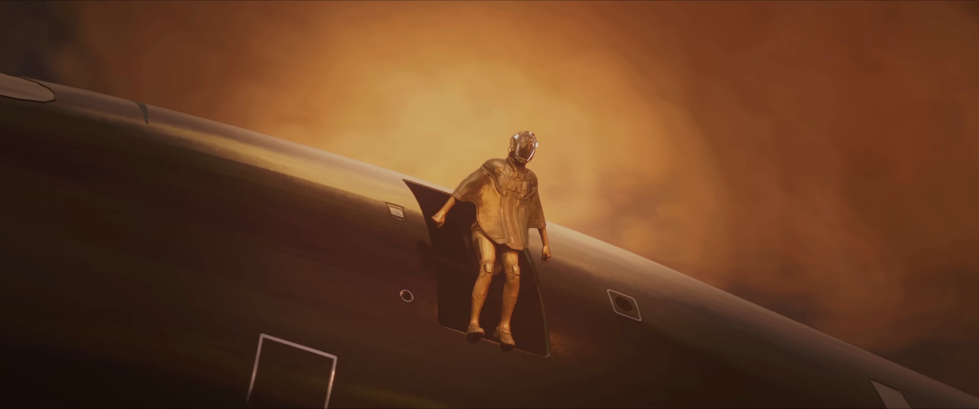Joanna Dark at the open door of the private jet, above an orange storm