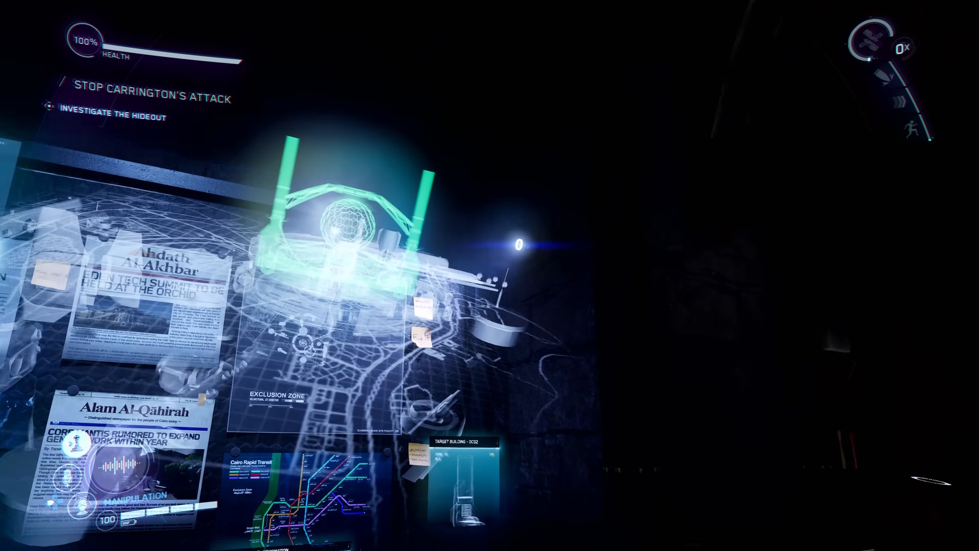A holographic map and pinned clippings on the obsession board, lit teal