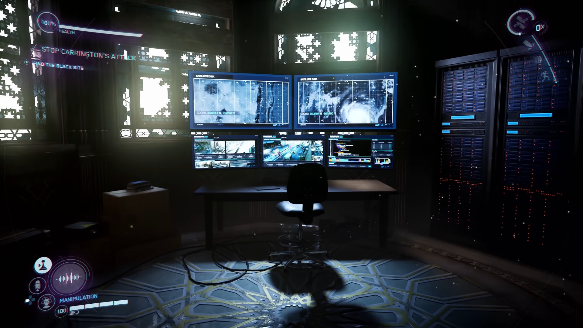 A desk of hacking screens under latticed windows, server racks to the right