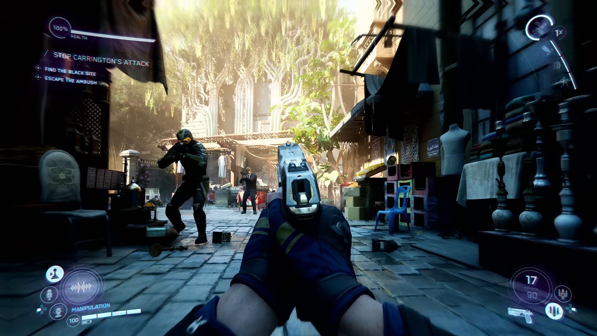 A market plaza of stalls and awnings during a firefight, pistol raised