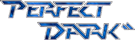 The 2000 Perfect Dark logo as printed on the US N64 box: angular blue capitals with a white outline