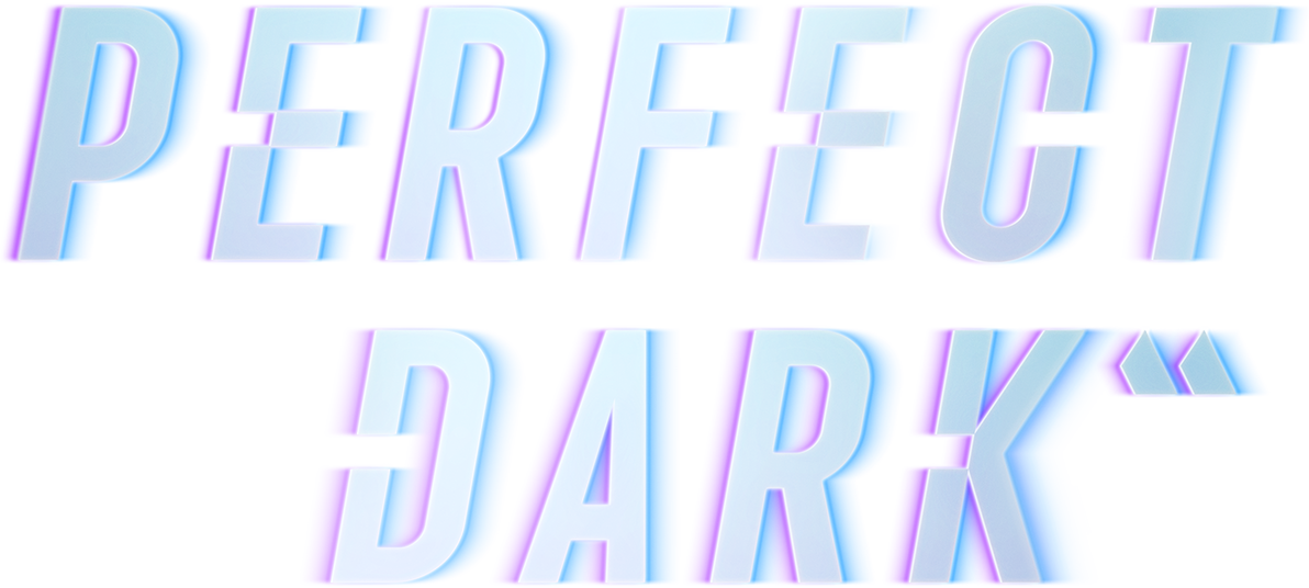 The 2024 Perfect Dark wordmark: pale blue capitals with angled cuts and a blue and violet offset