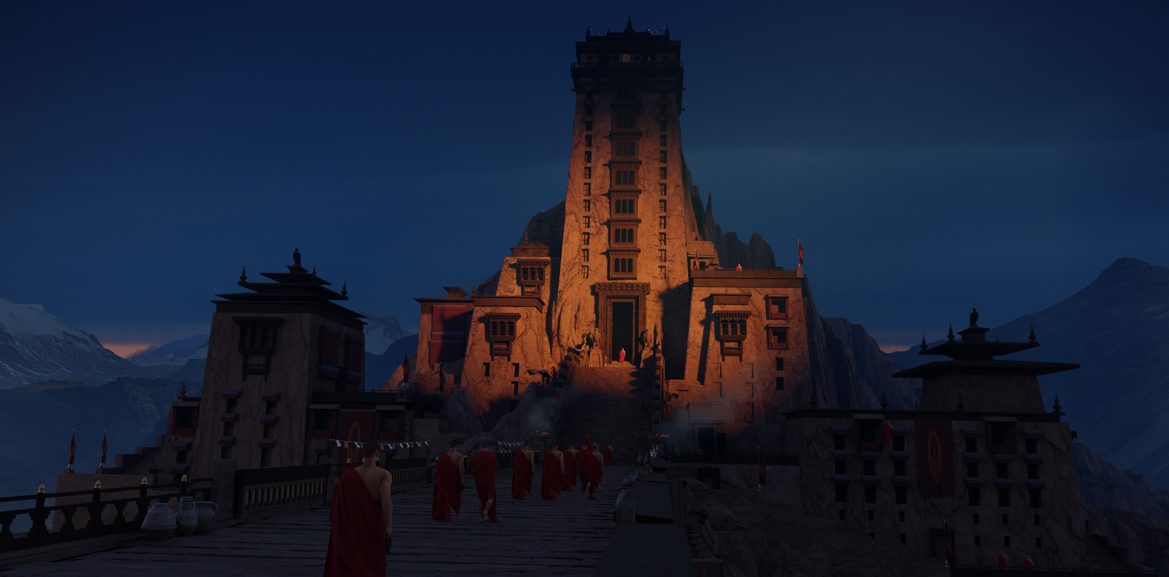 The blocked-out temple scene rendered at dusk, warm light glowing from the tower as robed figures approach — testing that the sketch’s mood survives in 3D.