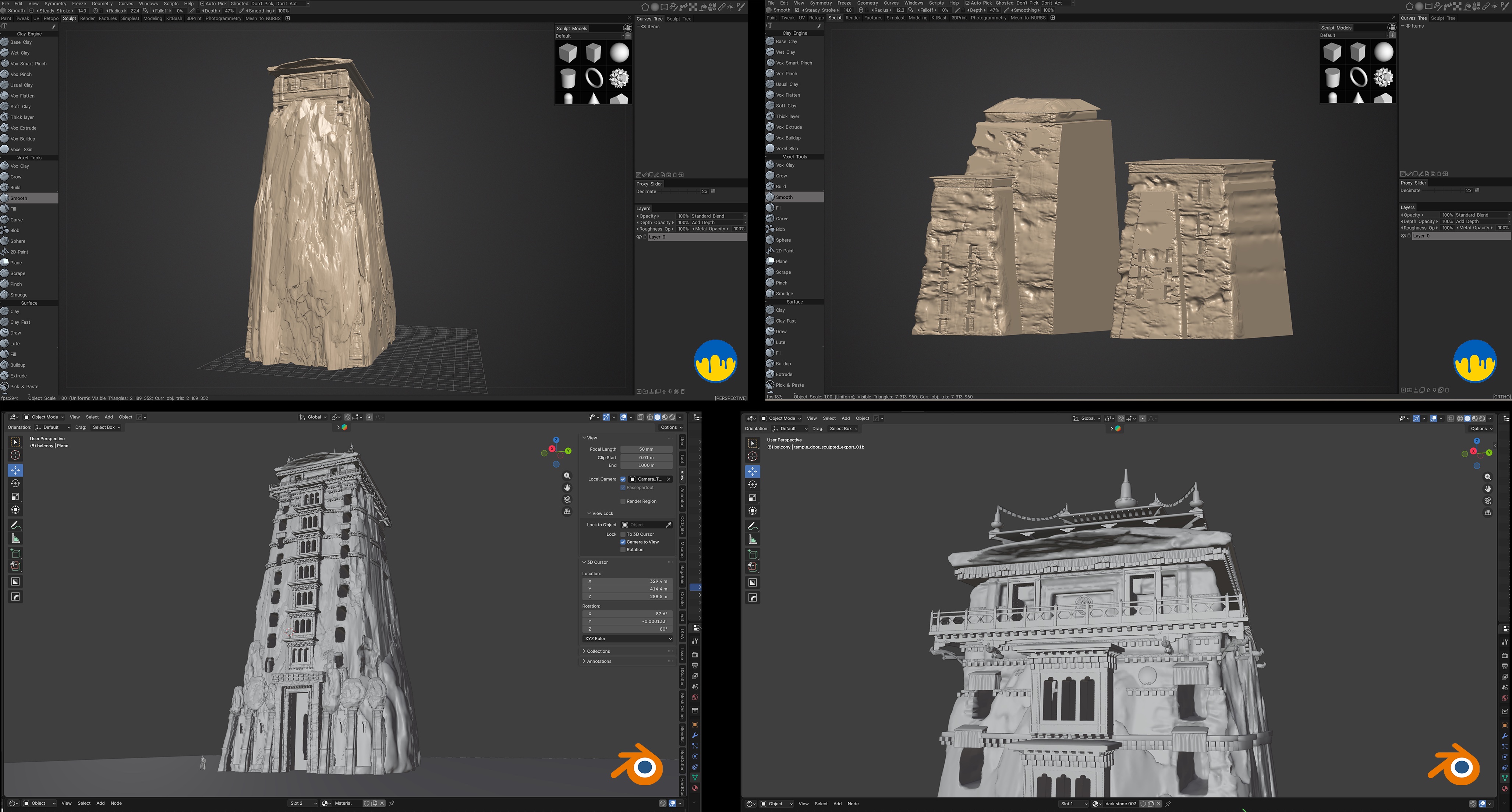 Four work-in-progress screenshots: rock forms sculpted in 3D Coat, and the detailed tower and monastery models assembled in Blender.