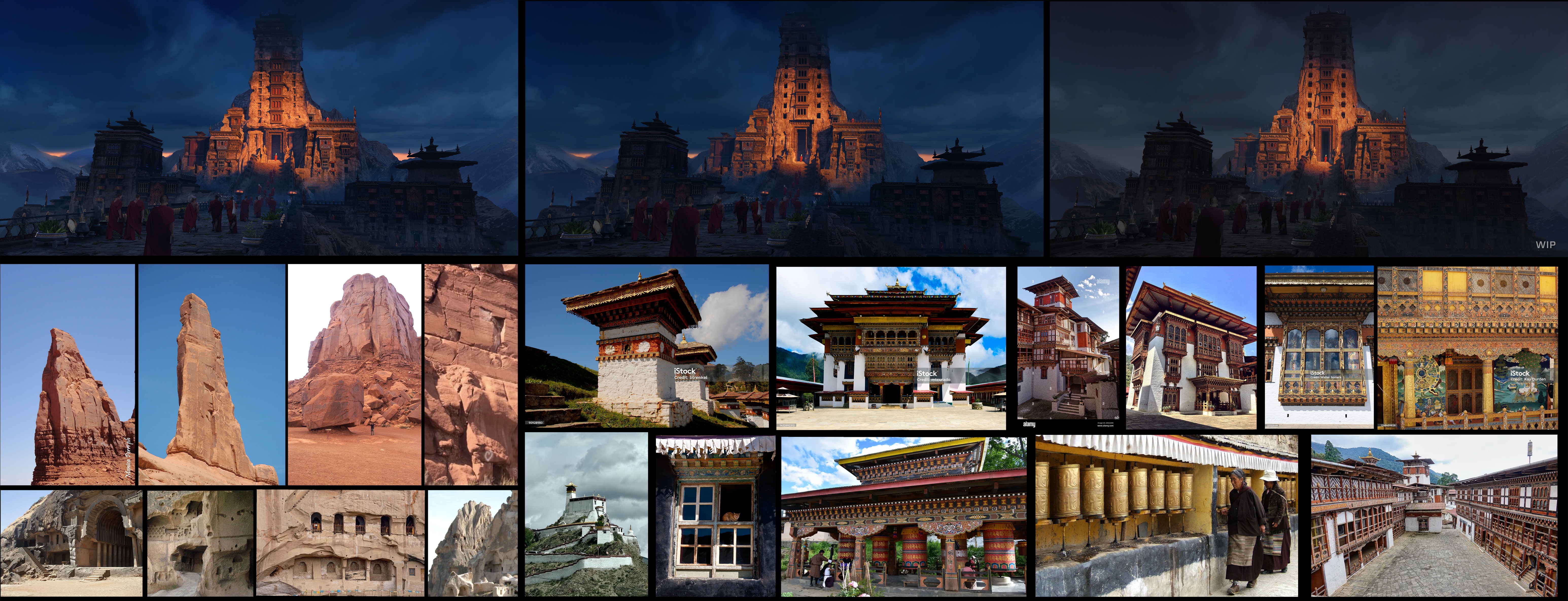 Three color-grade variations of the temple scene alongside photo reference of desert rock formations and Himalayan monastery architecture.
