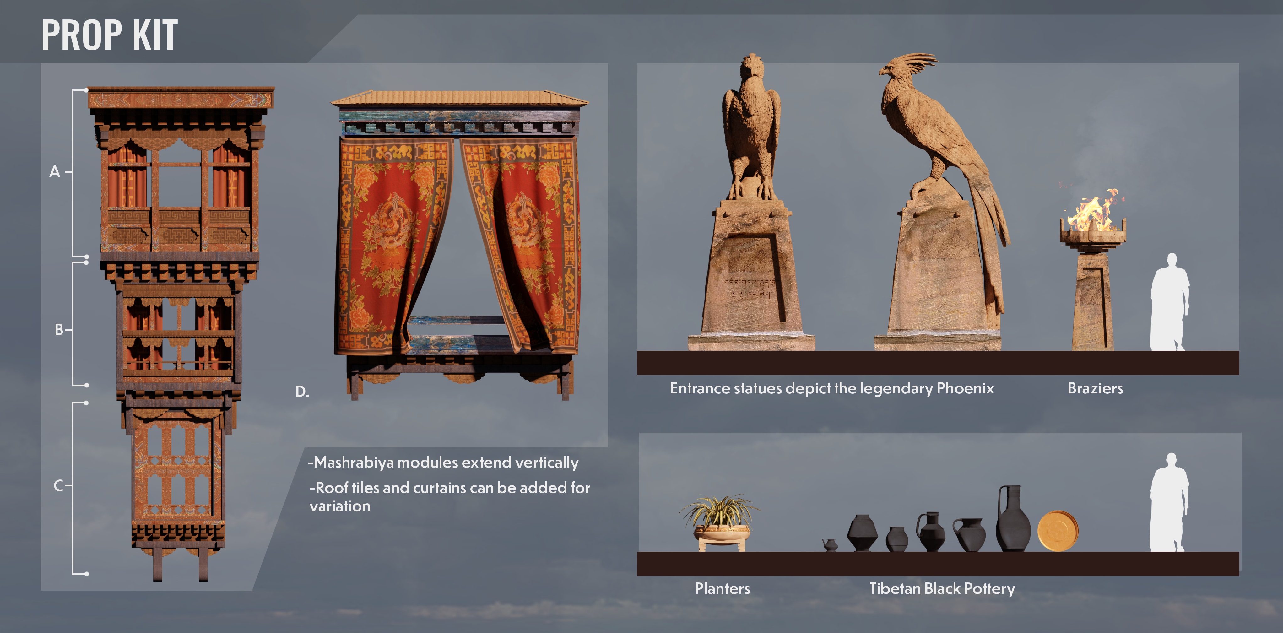 Prop kit design sheet: a modular mashrabiya window unit that extends vertically, a variation dressed with roof tiles and embroidered curtains, two rock-carved phoenix statues on inscribed pedestals flanking a lit brazier, planters, and a row of Tibetan black pottery, with human silhouettes for scale.