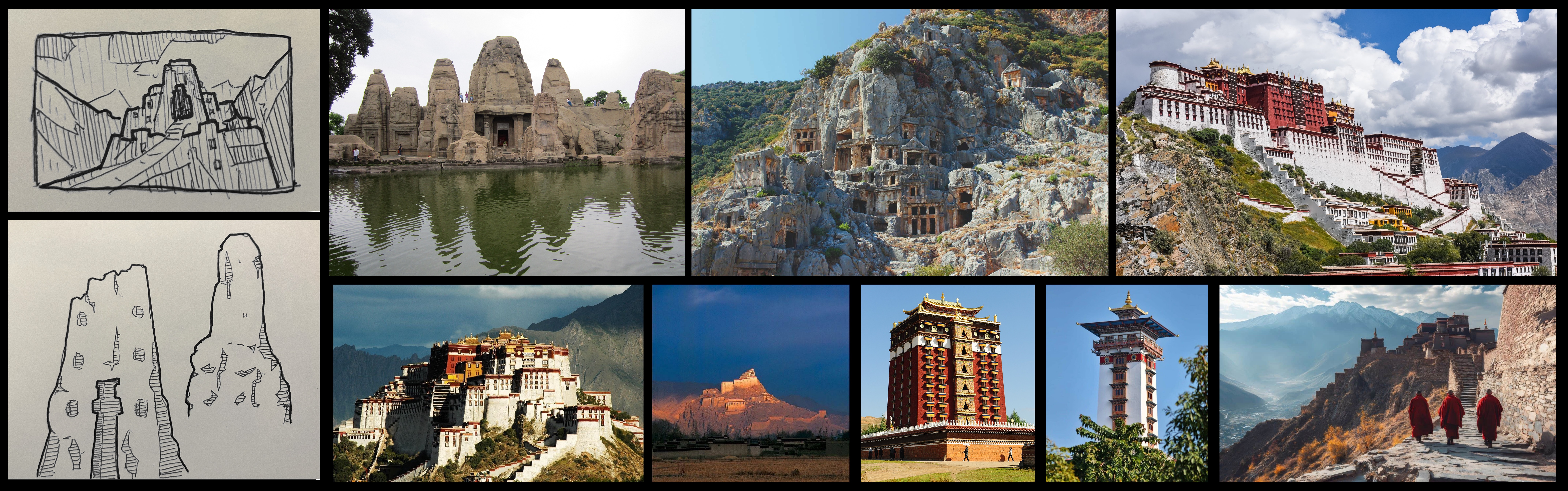Reference collage for the bird temple concept: thumbnail pen sketches alongside photos of the rock-cut Masrur temples, cliffside cave dwellings, Tibetan monasteries including the Potala Palace, and freestanding tower temples.