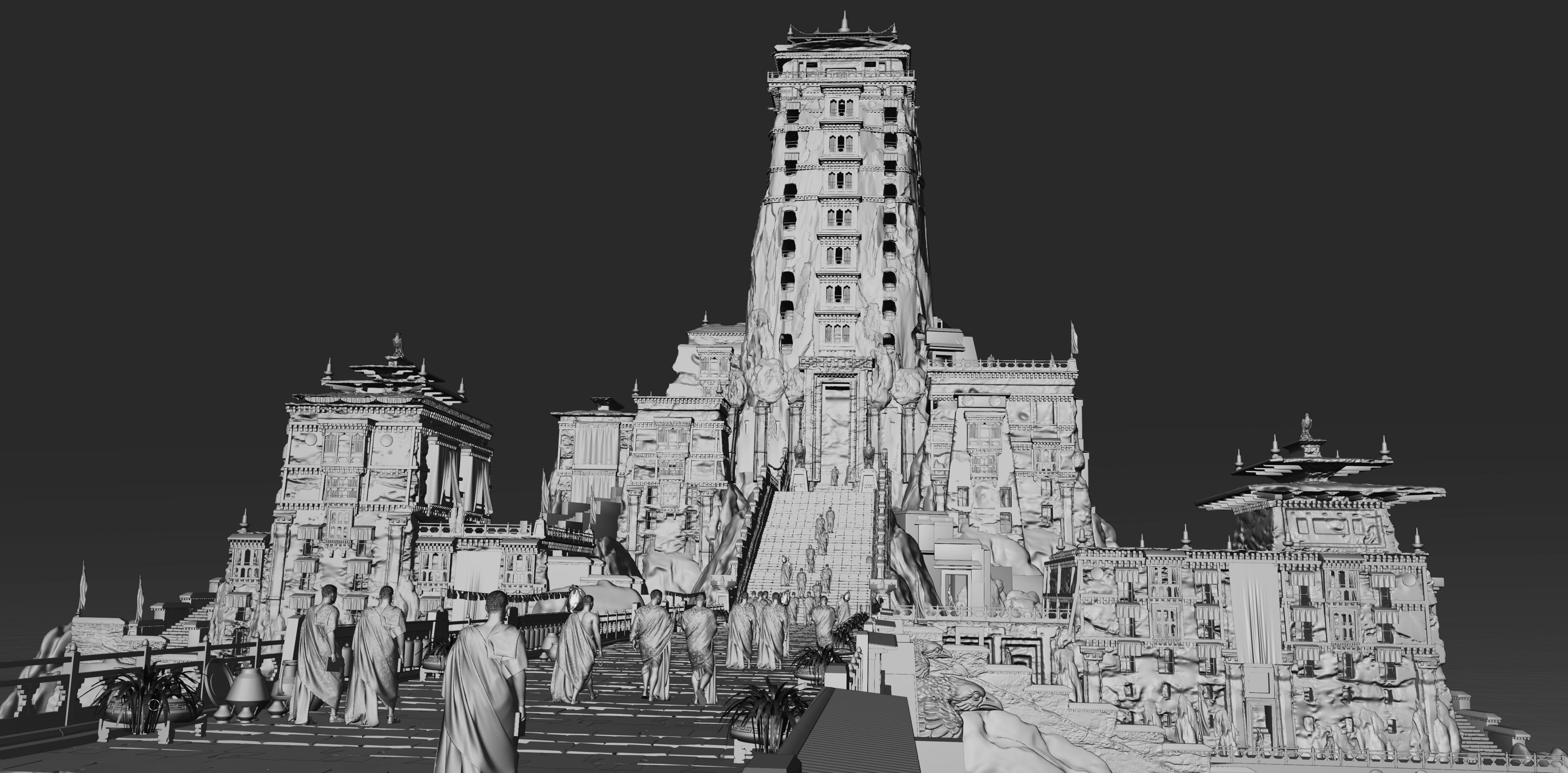 Greyscale clay render of the full temple scene, monks crossing the terrace toward the tower.