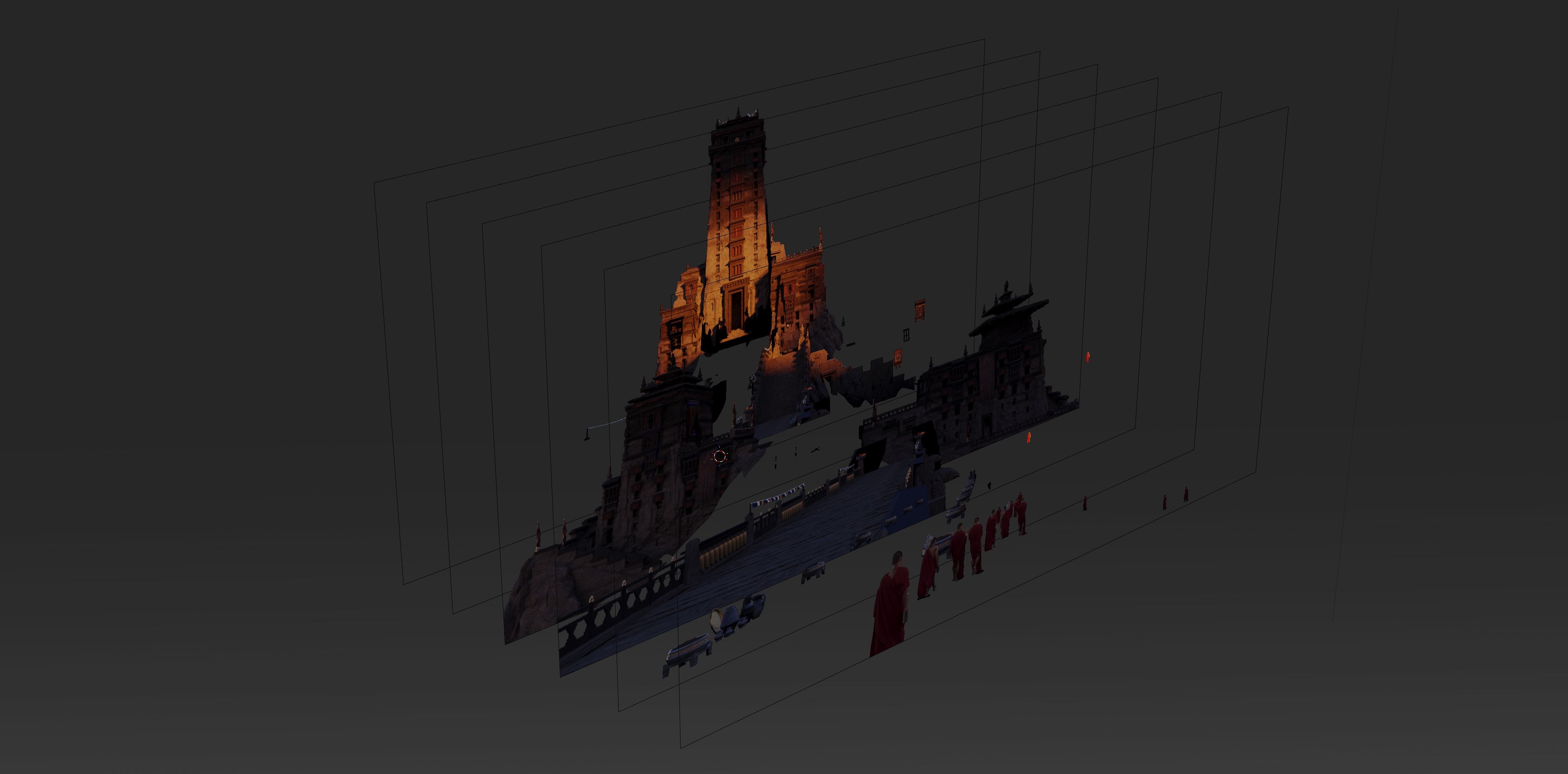 The scene exploded into stacked render layers, each major section separated for independent rendering.