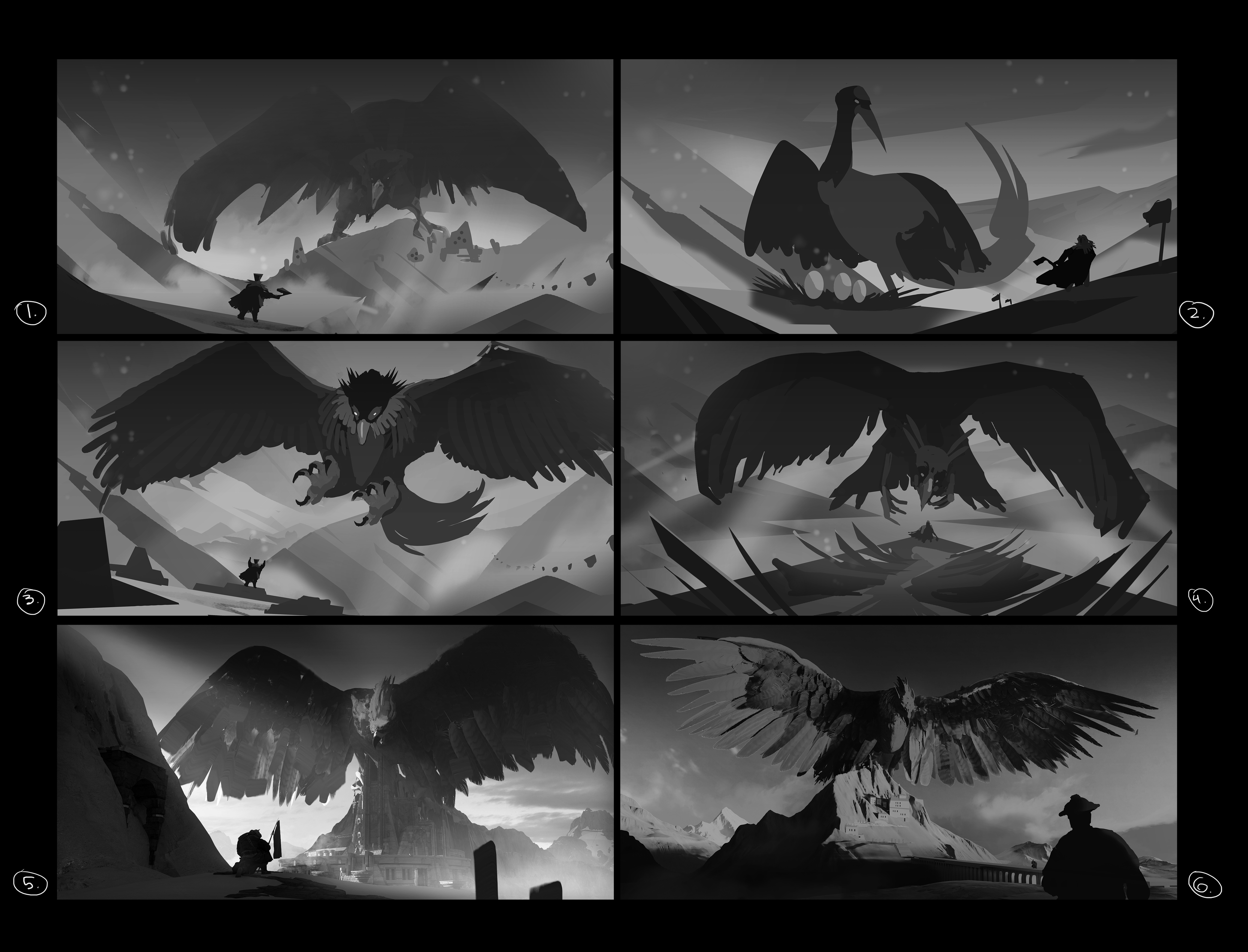 Six greyscale thumbnail sketches of a colossal bird deity looming over tiny human figures — wings spread, nesting on a clutch of eggs, and swooping low.