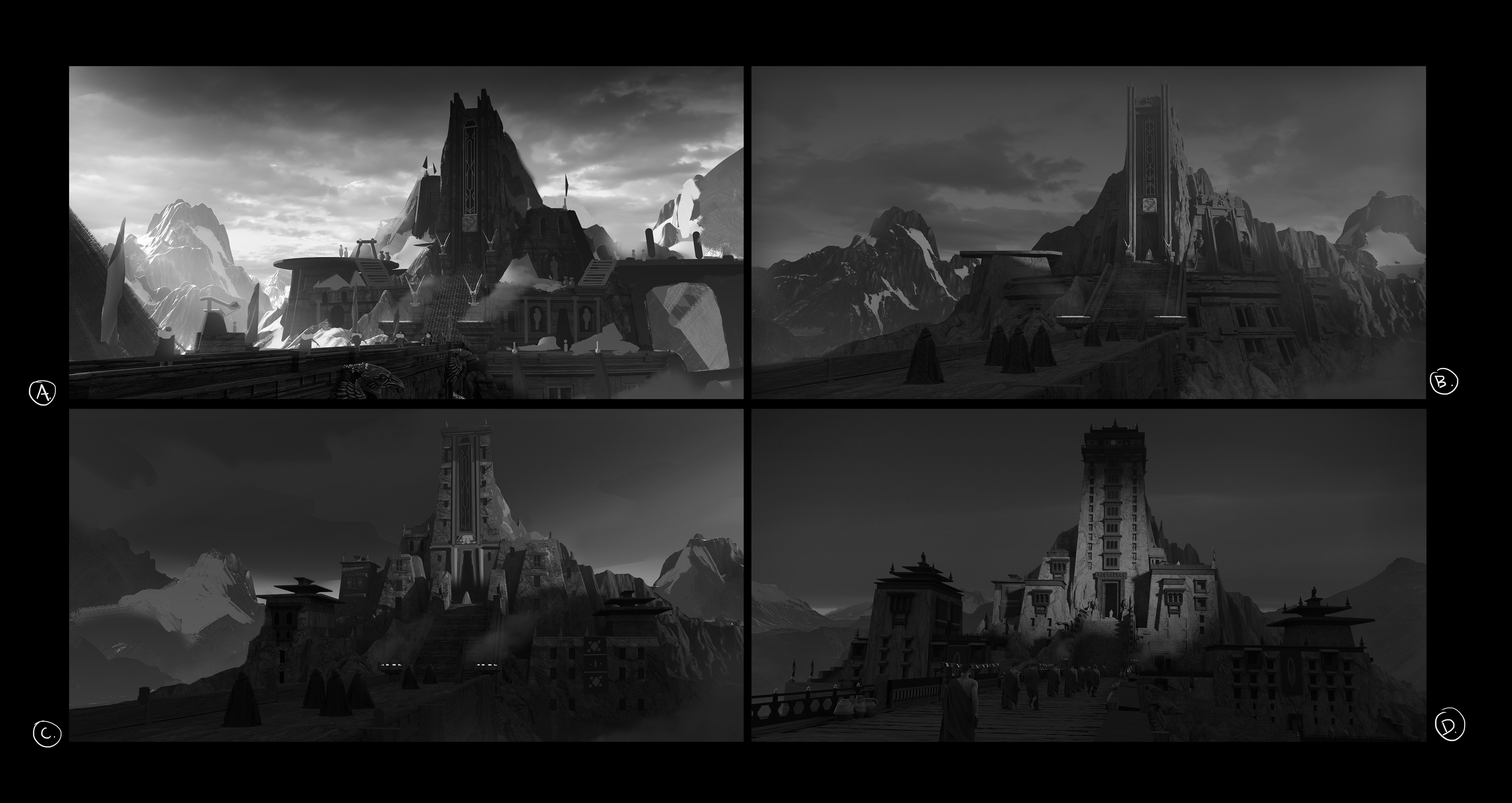 Four greyscale architectural sketches exploring a rock-cut tower temple set in snowy mountains, ringed by monastery buildings.