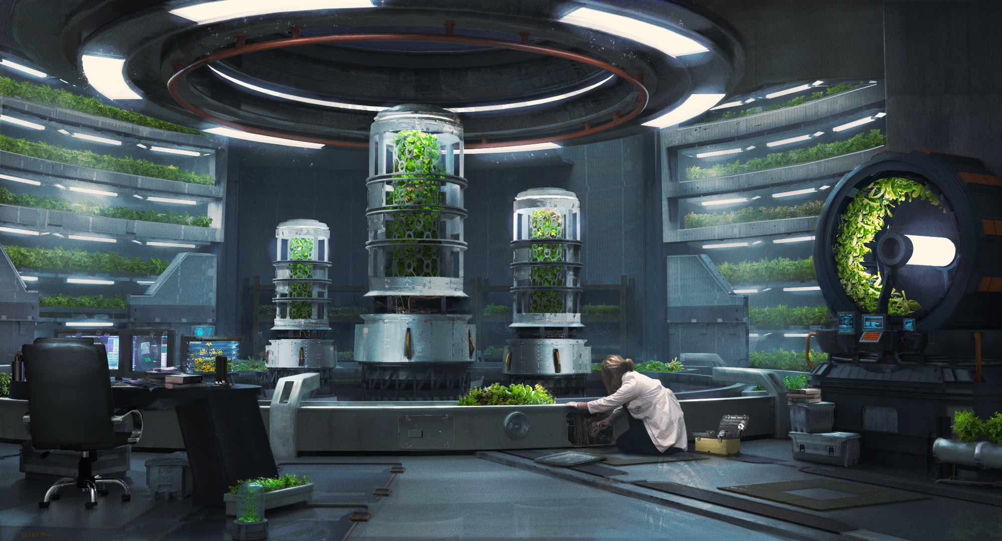 A woman in a white lab coat tending to a futuristic machine in a lab with a lot of plant overgrowth.